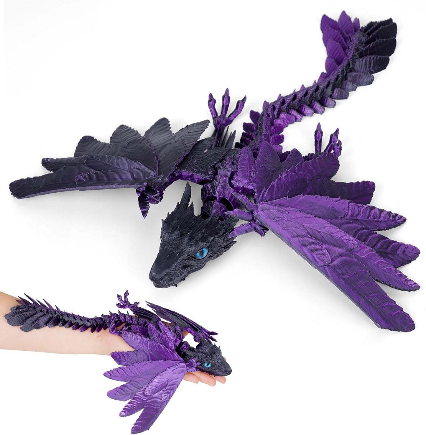 3D Printed Dragon with Wings,3D Printed Animals Toy,3D Printed Flexible Dragons,Crystal Dragon Fidget Toys,Full Articulated Dragon Crystal Dragon (Purple Black)