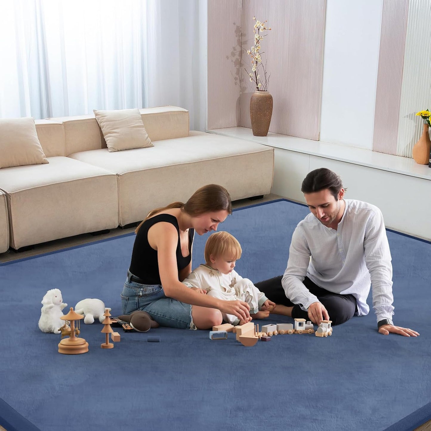 Baby Play Mat 1.2" Thick Memory Foam Nursery Rug Area Rug, 9’2” X 6’7” Yoga Mat Playmat Crawling Mat for Baby,Toddlers,Infants,Kids,Floor Mat Tatami Mat for Living Room with Non-Slip(Blue)