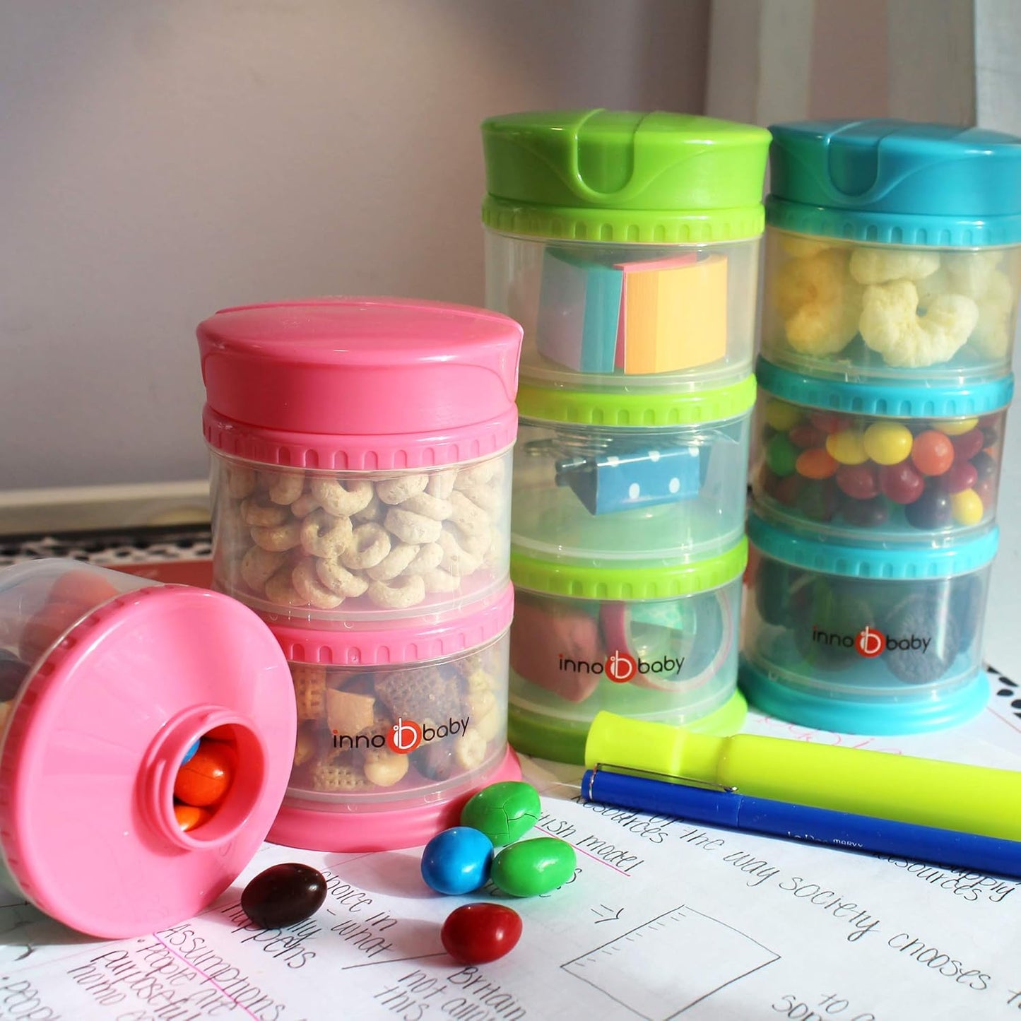 Innobaby Packin' Smart Stackable and Portable Storage System for Formula, Liquid, Baby Snacks and More. 3 Stackable Cups in White. BPA Free.