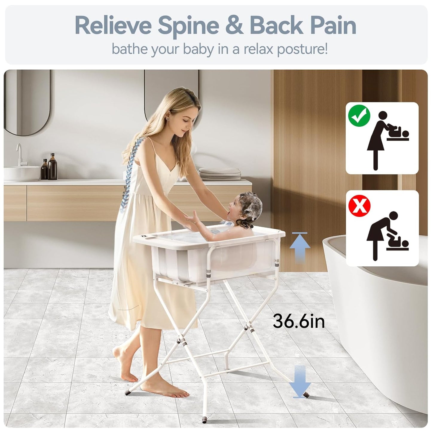 Collapsible Baby Bathtub with Stand - Large Capacity Baby Bath Tub with Thermometer & Soft Cushion | Portable Travel Newborn Infant Bathtub | Foldable Toddler Bathtub for Baby 0 to 36 Months