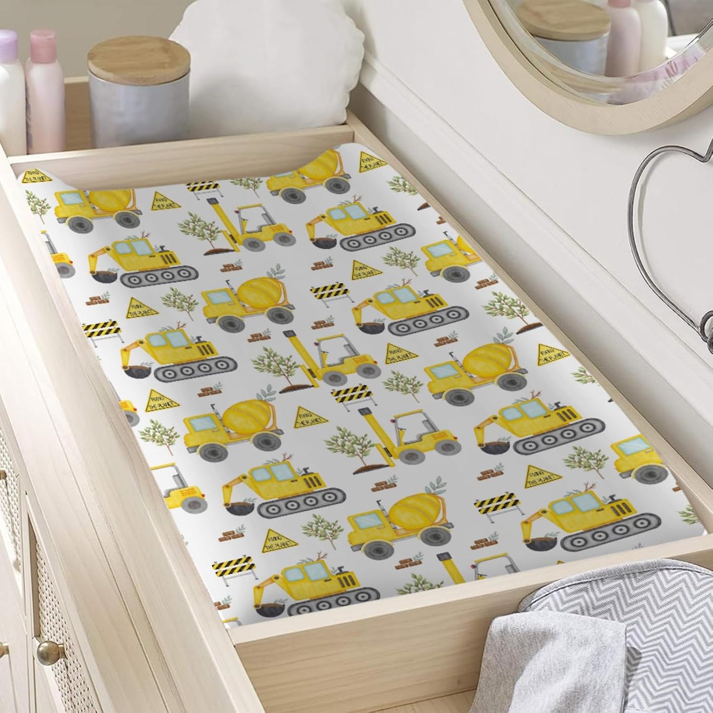 Construction Truck Excavator Tractor Trees Changing Pad Cover Cute Construction Trucks Plants Fitted Baby Change Table Sheets for Boys Girls Soft Stretch Fitted Changing Table Mats Cover 32''x16''