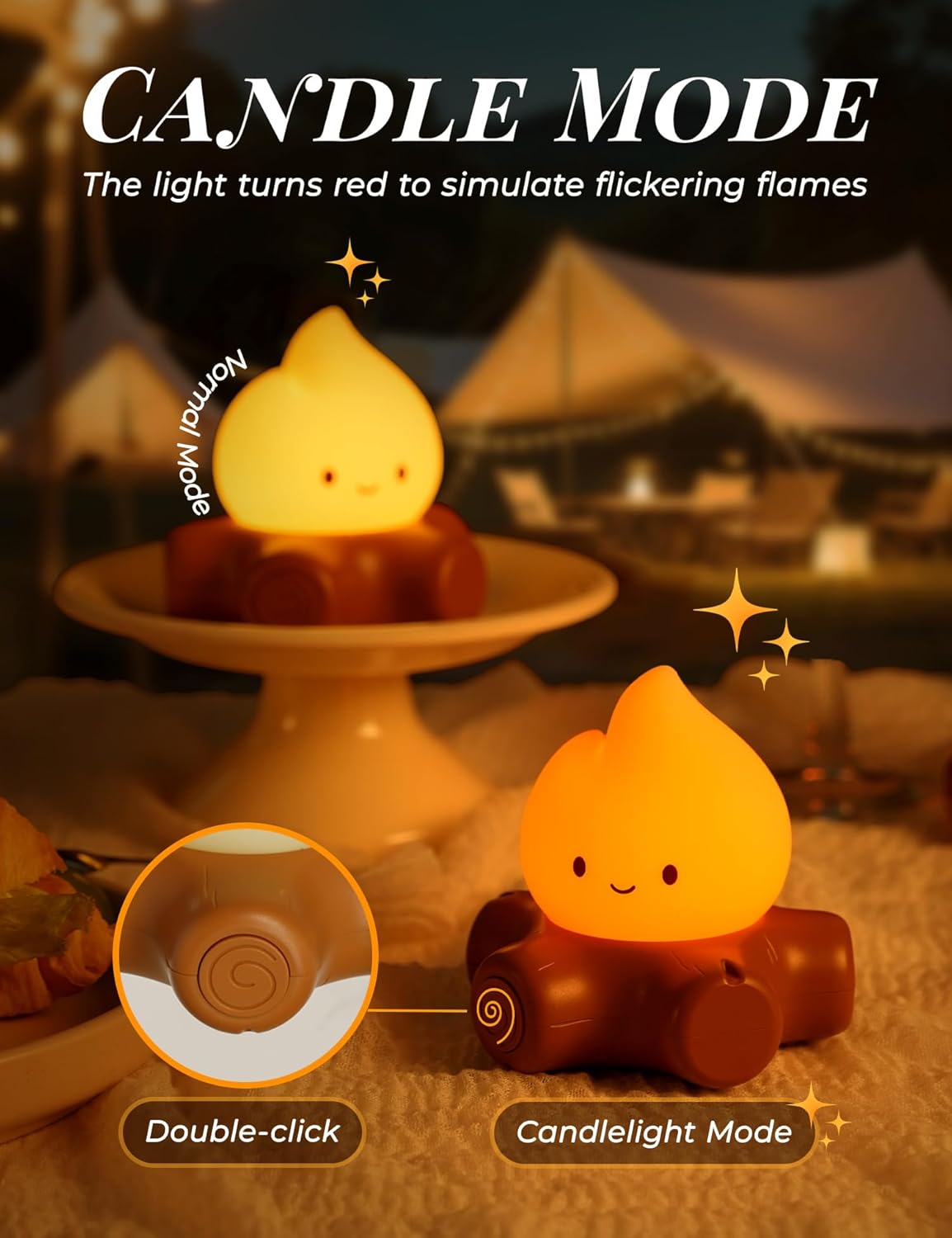 3pcs Campfire Night Light for Kids, Cute Campfire Lamp Gifts, LED Light up Flame Lights, Dimmable, Rechargeable Bedside Nightlight, Baby Nursery Dorm Kawaii Décor Toys Kits