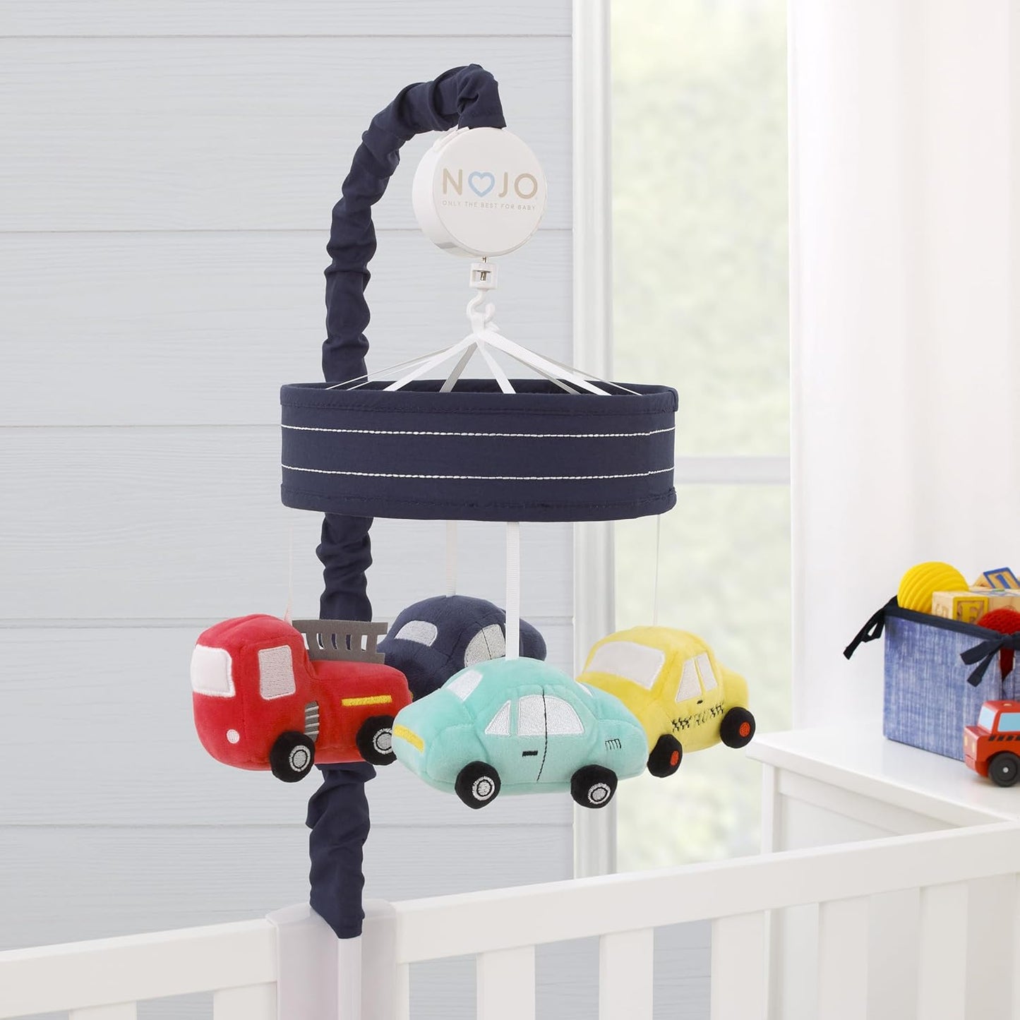 NoJo Transportation Trails Navy, Yellow, and Red Fire Engine, Cars, and Taxi Plush Musical Mobile
