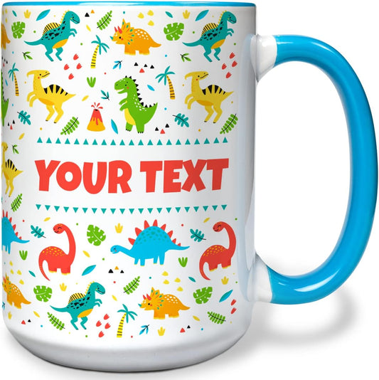 Personalized Mug for Kids - Dinosaurs - Custom Name/Text, Ceramic Hot Chocolate/Cocoa/Coffee Cup for Boys/Girls, Birthday/Christmas/Holiday Gift - 15 oz, Light Blue Handle