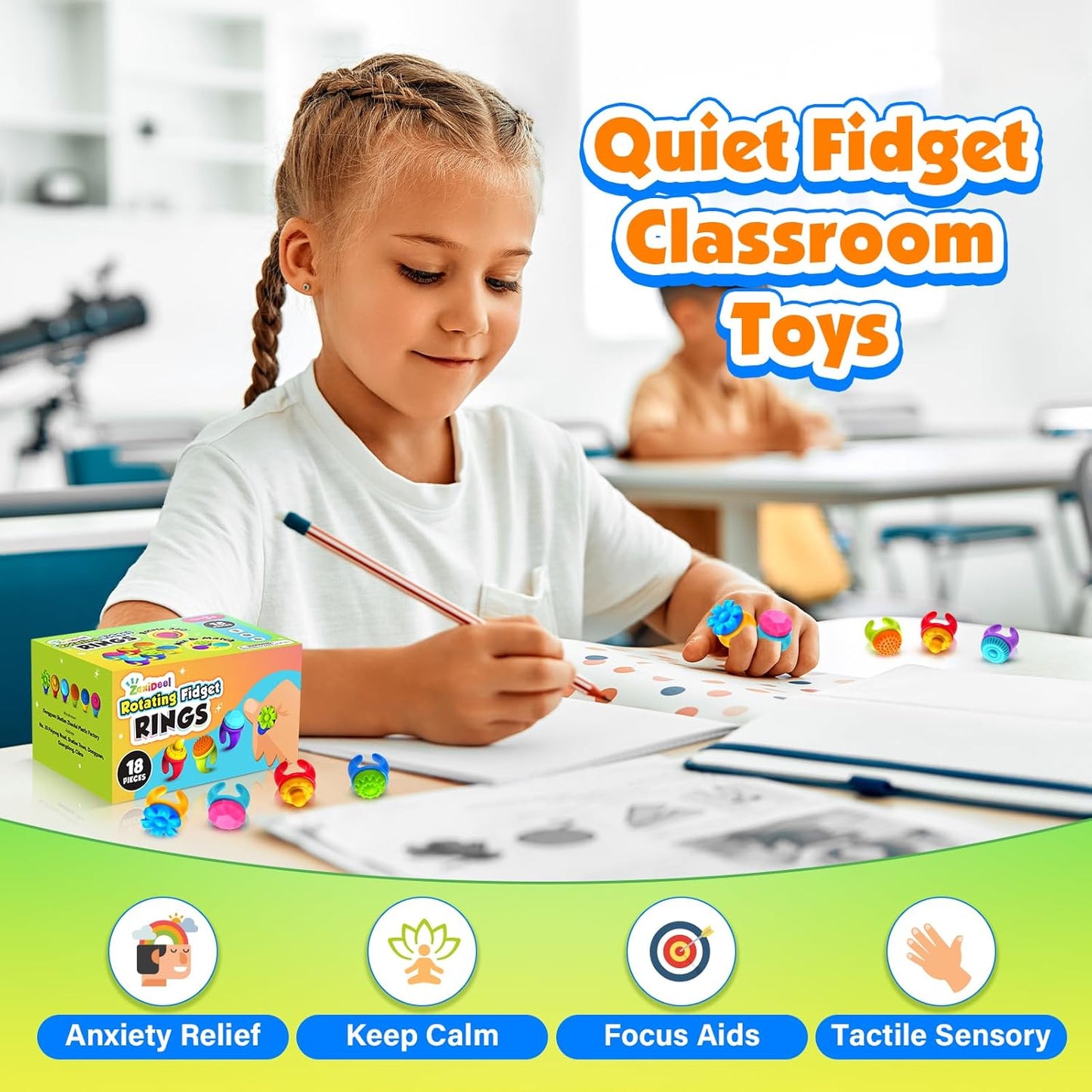 Fidget Rings Sensory Toys for Kids: 18 Pack Fidget Anxiety Spinner Rings- Autism Sensory Toy for Special Needs ADHD- Stress Relief Quiet Fidgets for Classroom- Small Treasure Box Prizes Travel Gifts