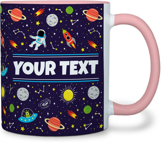Personalized Mug for Kids - Outer Space - Custom Name/Text, Ceramic Hot Chocolate/Cocoa/Coffee Cup for Boys/Girls, Birthday/Christmas/Holiday Gift - 11 oz, Pink Handle