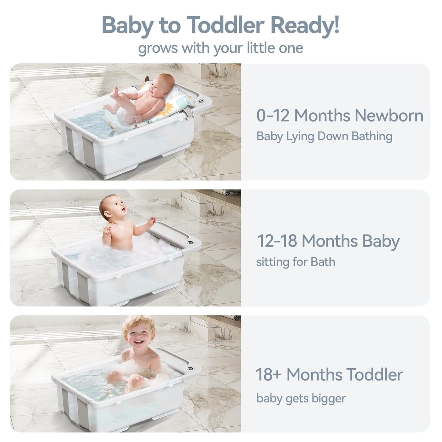 Collapsible Baby Bathtub - Large Capacity Baby Bath Tub with Thermometer & Soft Cushion | Portable Travel Newborn Infant Bathtub | Foldable Toddler Bathtub for Baby 0 to 36 Months (no Stand)