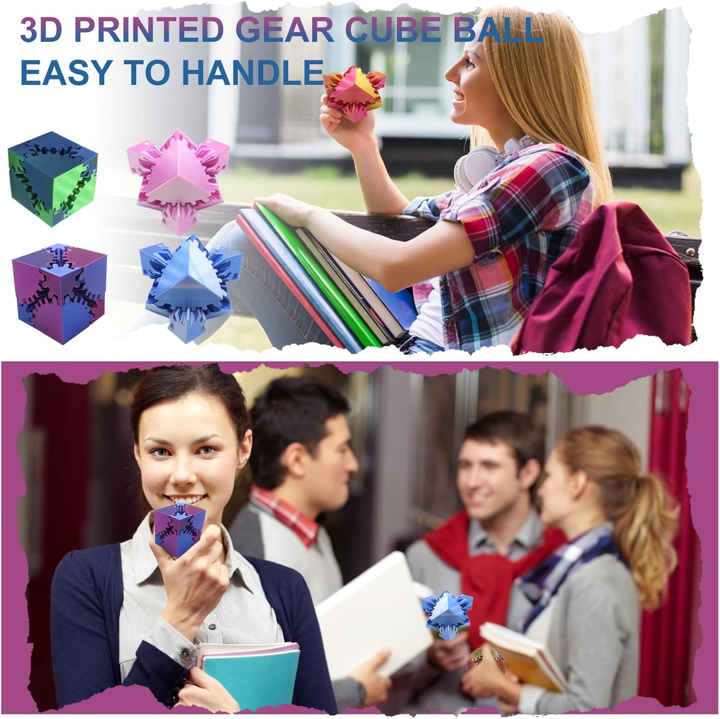 Gear Sphere Gear Cube 3D Printed Gear Ball Spin Cube Fidget Toy Relieving Stress & Anxiety, Fidget Cube GearSphere Desk Toy, Whirling Wonder Fidget for Sensory and Autism (Laser Red Blue Green)