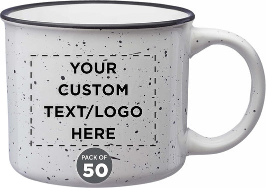 DISCOUNT PROMOS Custom Ceramic Campfire Coffee Mugs 13 oz. Set of 50, Personalized Bulk Pack - Perfect for Tea, Espresso, Cappuccino, Hot Cocoa - White
