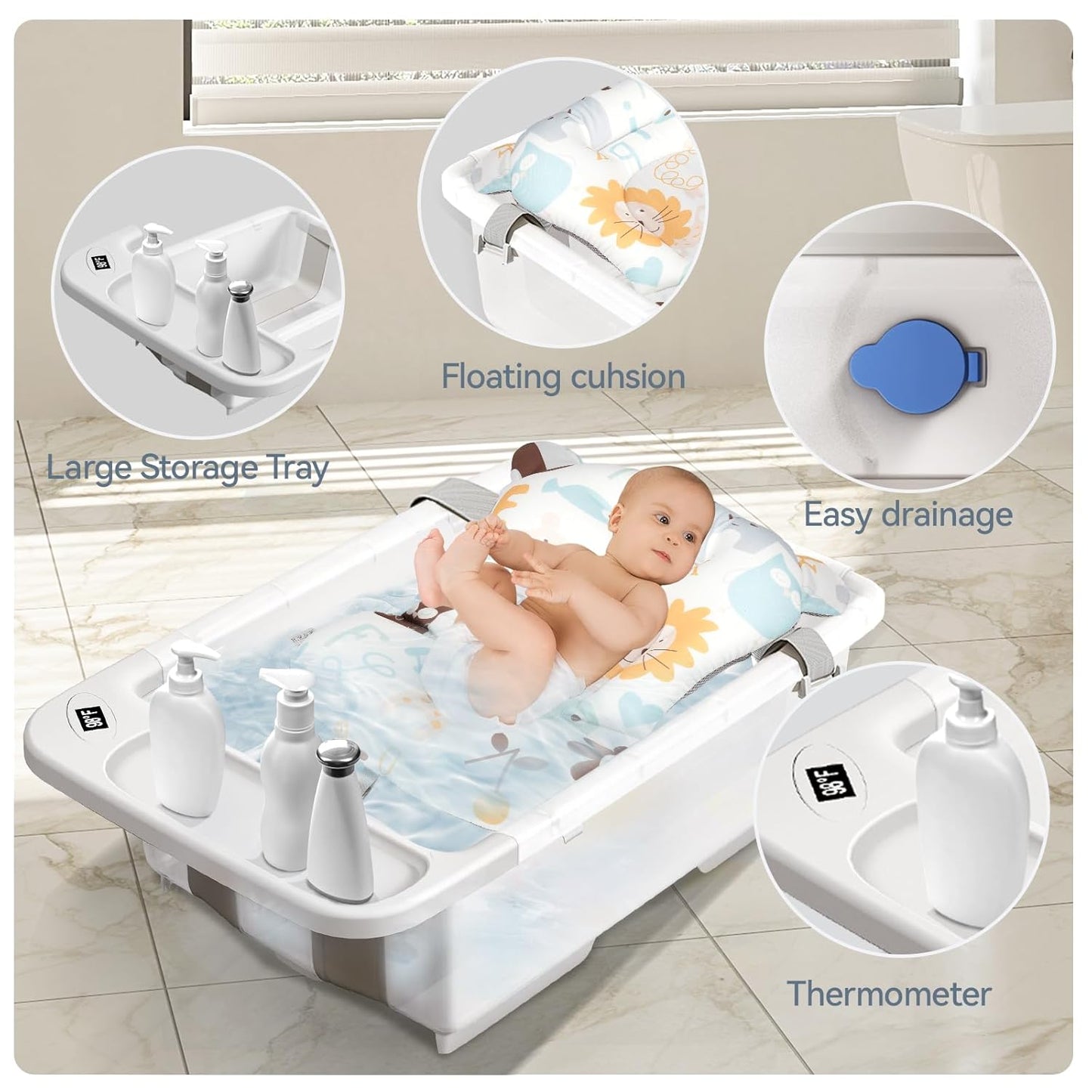 Collapsible Baby Bathtub - Large Capacity Baby Bath Tub with Thermometer & Soft Cushion | Portable Travel Newborn Infant Bathtub | Foldable Toddler Bathtub for Baby 0 to 36 Months (no Stand)