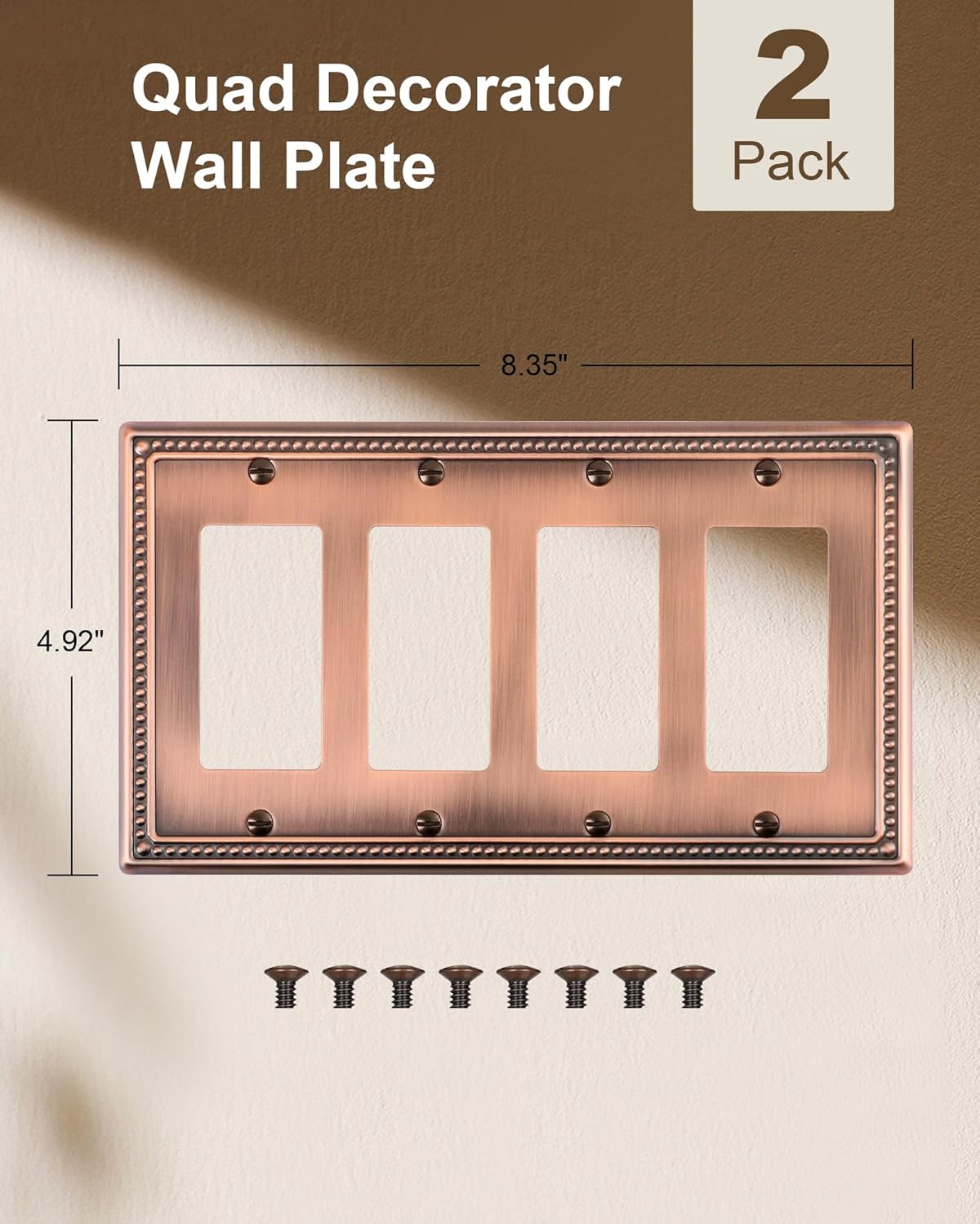 2-Pack Quad Decorator Outlet Cover Plate, Antique Copper Pearls Decorative Switch Plates and Outlet Covers, Metal Wall Plates for Electrical Outlets, Receptacle, GFCI Outlet, Dimmer Switch