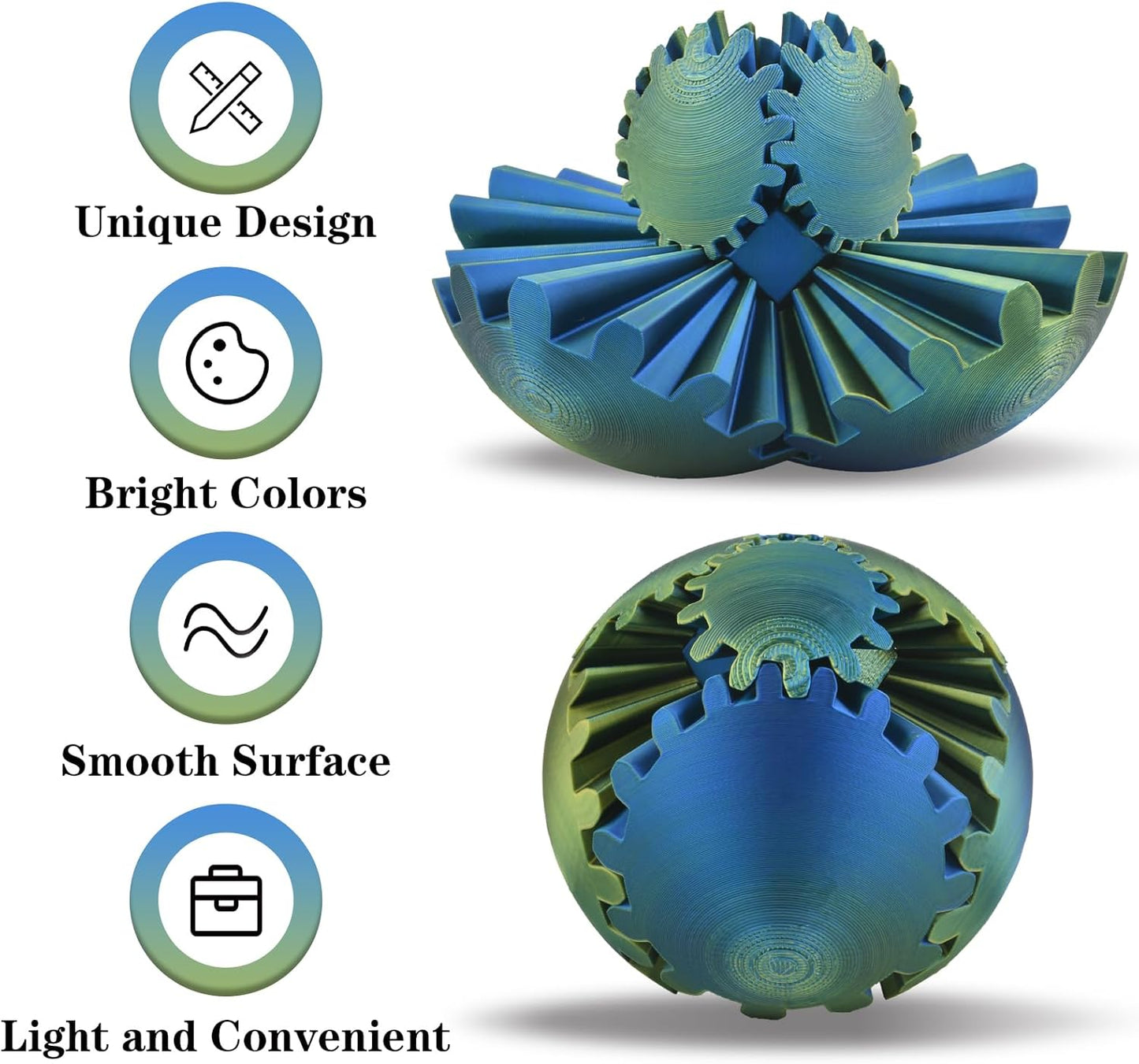 3D Printed Gear Sphere Ball – Colorful Gear Ball Fidget Gear Sphere Puzzle Cube Stress Relief Toy for Office and Home Decor Unique Gift Idea for Friends and Family (Gold&Blue)