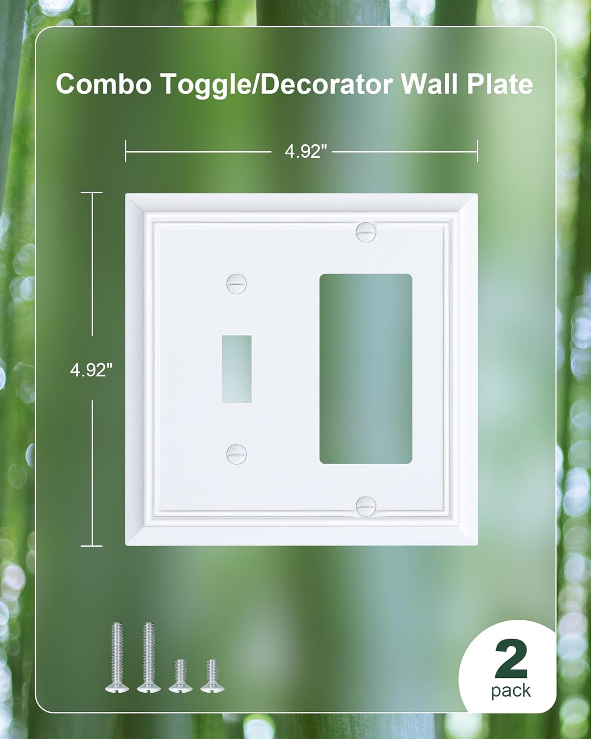 2-Pack Combo Toggle/Decorator Light Switch Cover Plate, Pure White Decorative Electrical Outlet Covers, Durable Natural Bamboo Fiber Switch Plates and Outlet Covers, Corrosion Resistant