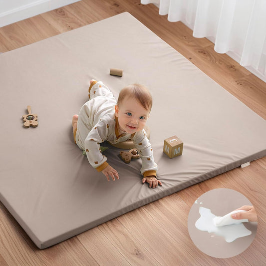 Blissful Diary Vegan Leather Baby Play Mat, 50x50 Thicken Foam Cushioned & Waterproof Playpen Mat for Infants and Toddlers, Stylish and Just Wipe-Clean Playmat for Baby Play on Floor, Brown Gray