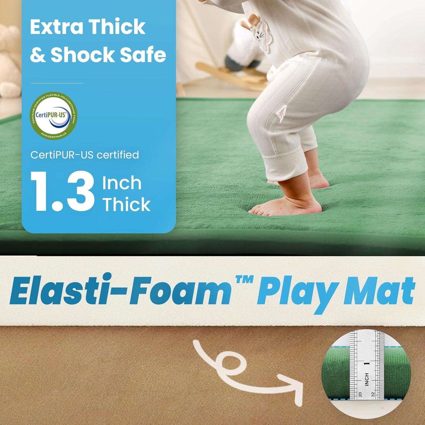 Ultra Soft Baby Play Mat,1.3" Thick Elasti-Foam Tummy Time Mat for Infants,Toddlers,Kids,Water-Repellent Coral Fleece Nursery Rug,Non-Slip Safe for Crawling&Hardwood Floors(Emerald)