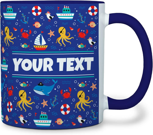 Personalized Mug for Kids - Nautical - Custom Name/Text, Ceramic Hot Chocolate/Cocoa/Coffee Cup for Boys/Girls, Birthday/Christmas/Holiday Gift - 11 oz, Navy Blue Handle