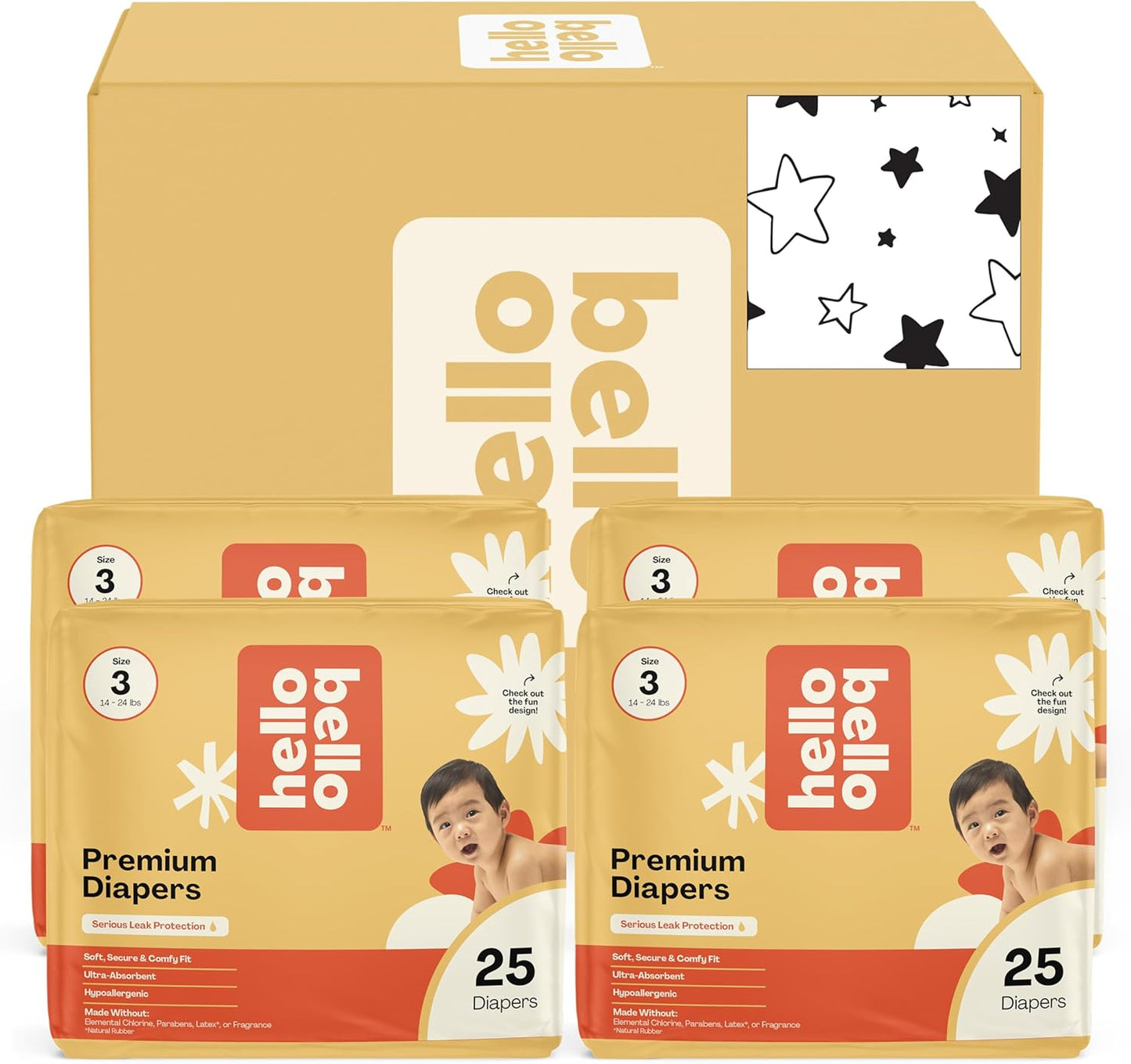 Hello Bello Diapers, Size 3 (14-24 lbs) Superstars - 100 Count Value Pack of Premium Disposable Baby Diapers, Hypoallergenic with Soft, Cloth-Like Feel