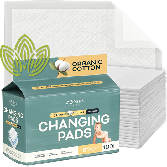 Organic Cotton Disposable Changing Pad Liners | Large 18x24 Hypoallergenic Ultra Absorbent & Waterproof Super Soft, Quilted Underpads for Baby Diaper Table & Travel, Leak Proof & Mess Free [100-Pack]
