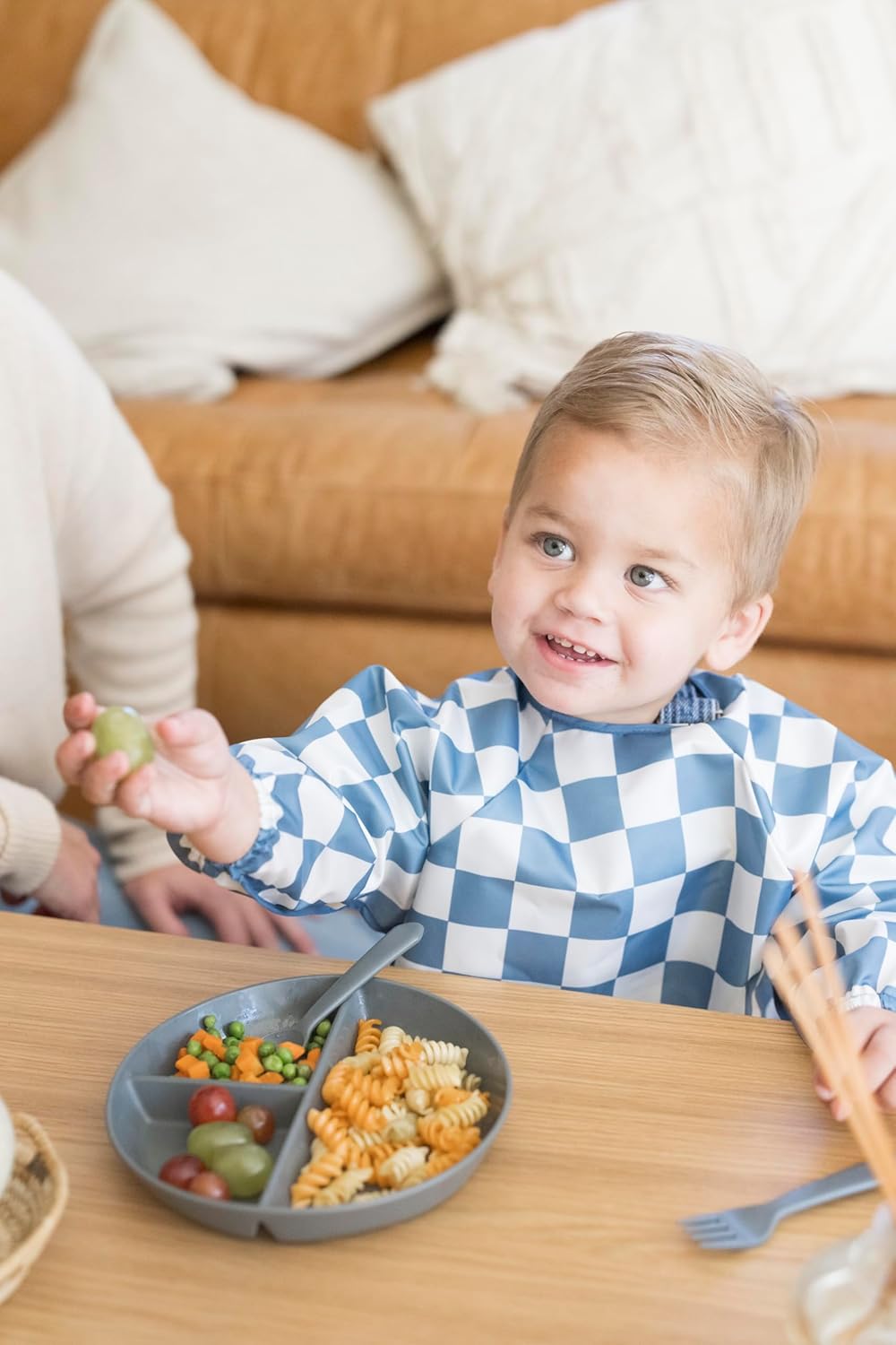 Tiny Twinkle Mess Proof Baby Bib,Waterproof Smock Baby Bib for Eating,Machine Washable Long Sleeve Bib,Baby Led Weaning,Toddler Bib (Checkers Blue, Small 6-24 Months)