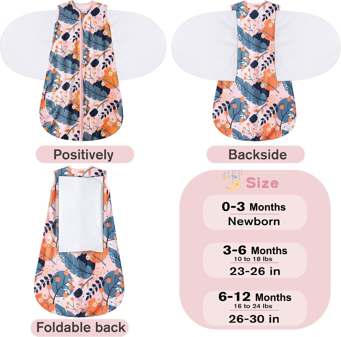 Newborn Sleep Sack Baby Swaddle,3-Way Adjustable Wearable Blanket,100% Rayon Cotton Swaddling Sleeping Bag，TOG 0.5 (Gerbera & Tulips, 6-12 Months)