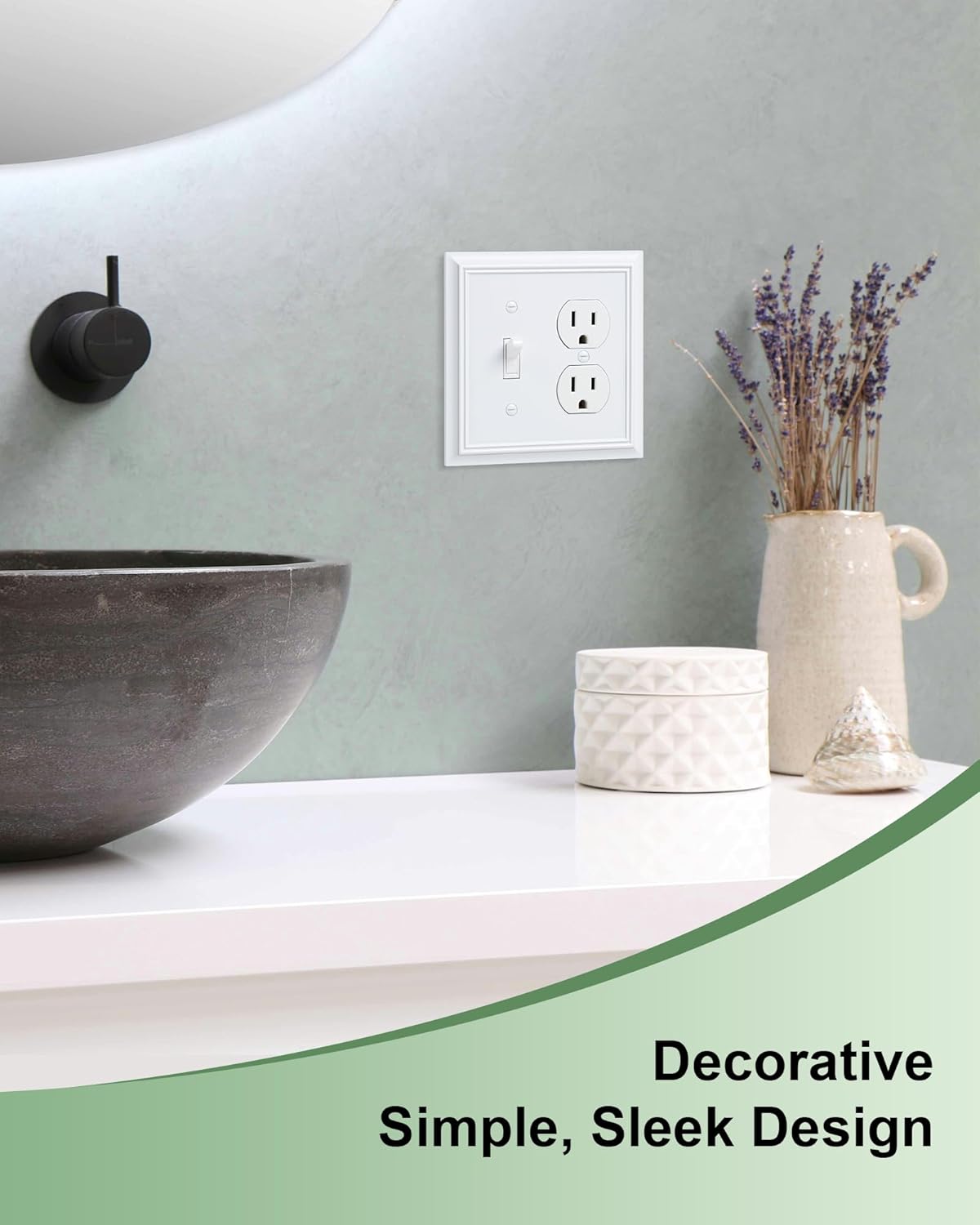 2-Pack Combo Toggle/Duplex Light Switch Cover Plate, Pure White Outlet Cover Plate, Natural Bamboo Fiber Decorative Wall Receptacle Cover for Electrical Outlets, Light Switch