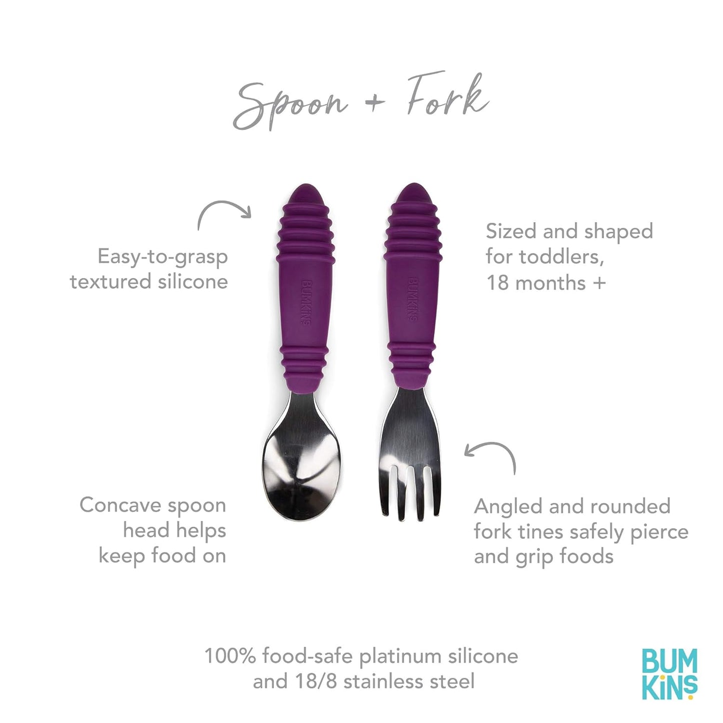 Bumkins Toddler Utensils, Kids Size Fork and Spoon Set, Silicone and Stainless-Steel Training Silverware, Angled Forks / Sporks for Self-Feeding, Children Hold Learning to Eat, 18 Months Up, Purple