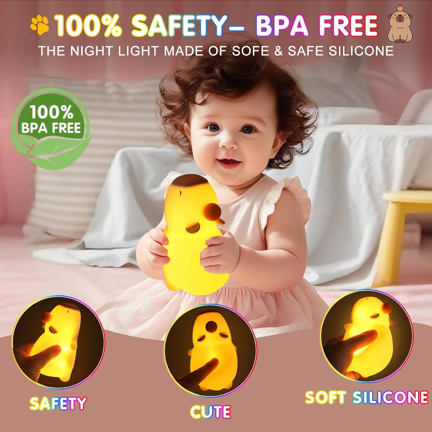Night Light for Kids, 7 Color Changing BPA-Free Silicone Lamp with Touch Control, Eye Protection, Rechargeable Battery, Soft & Safe Nursery Lamp for Boys & Girls (Sleeping Capybara)