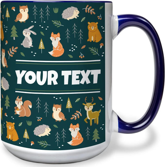 Personalized Mug for Kids - Woodland Animals - Custom Name/Text, Ceramic Hot Chocolate/Cocoa/Coffee Cup for Boys/Girls, Birthday/Christmas/Holiday Gift - 15 oz, Navy Blue