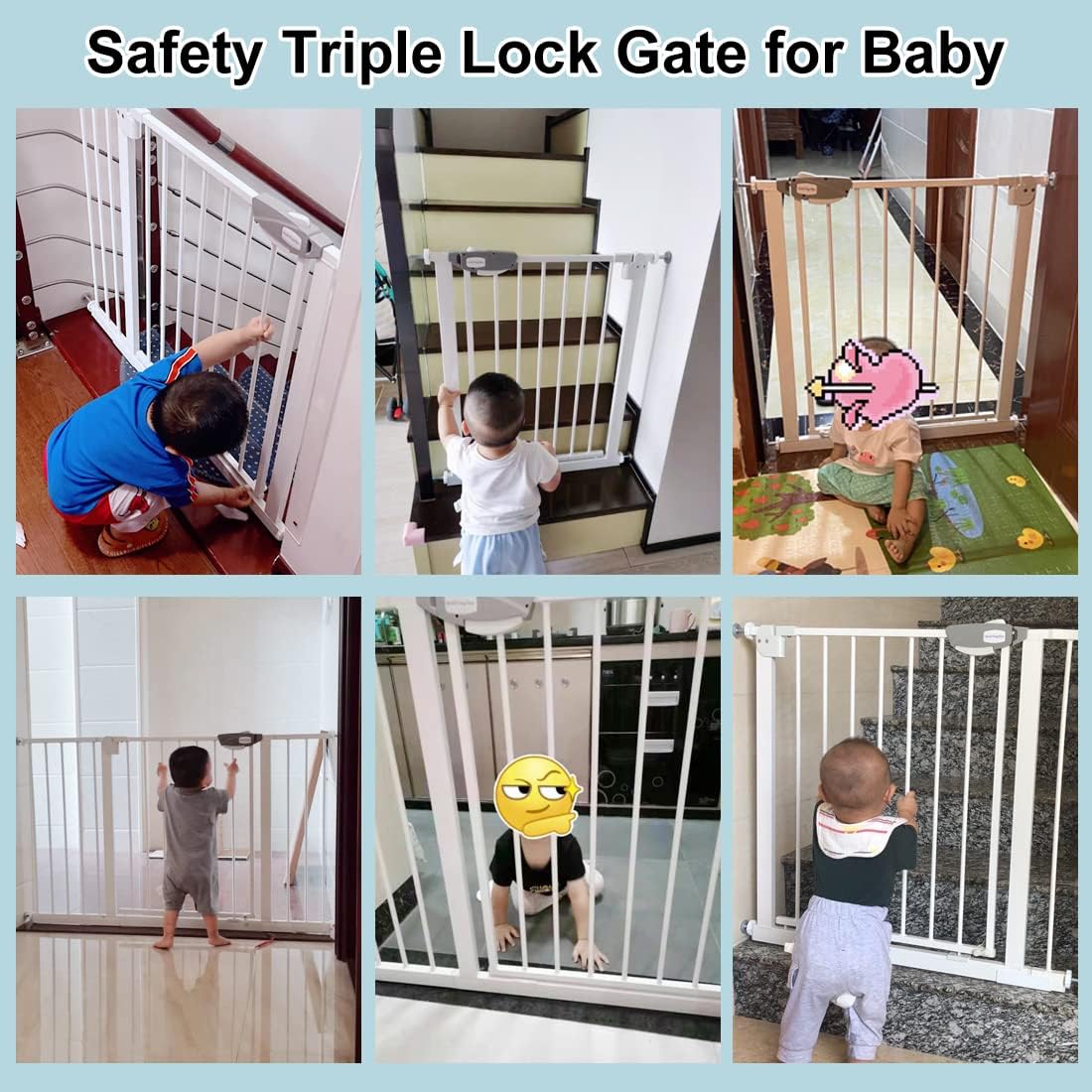 WAOWAO Triple Lock Baby Gate Extra Wide 76.77-81.49" Pressure Mounted Walk Through Swing Auto Close Safety White Metal Dog Pet Puppy for Stairs,Doorways,Kitchen