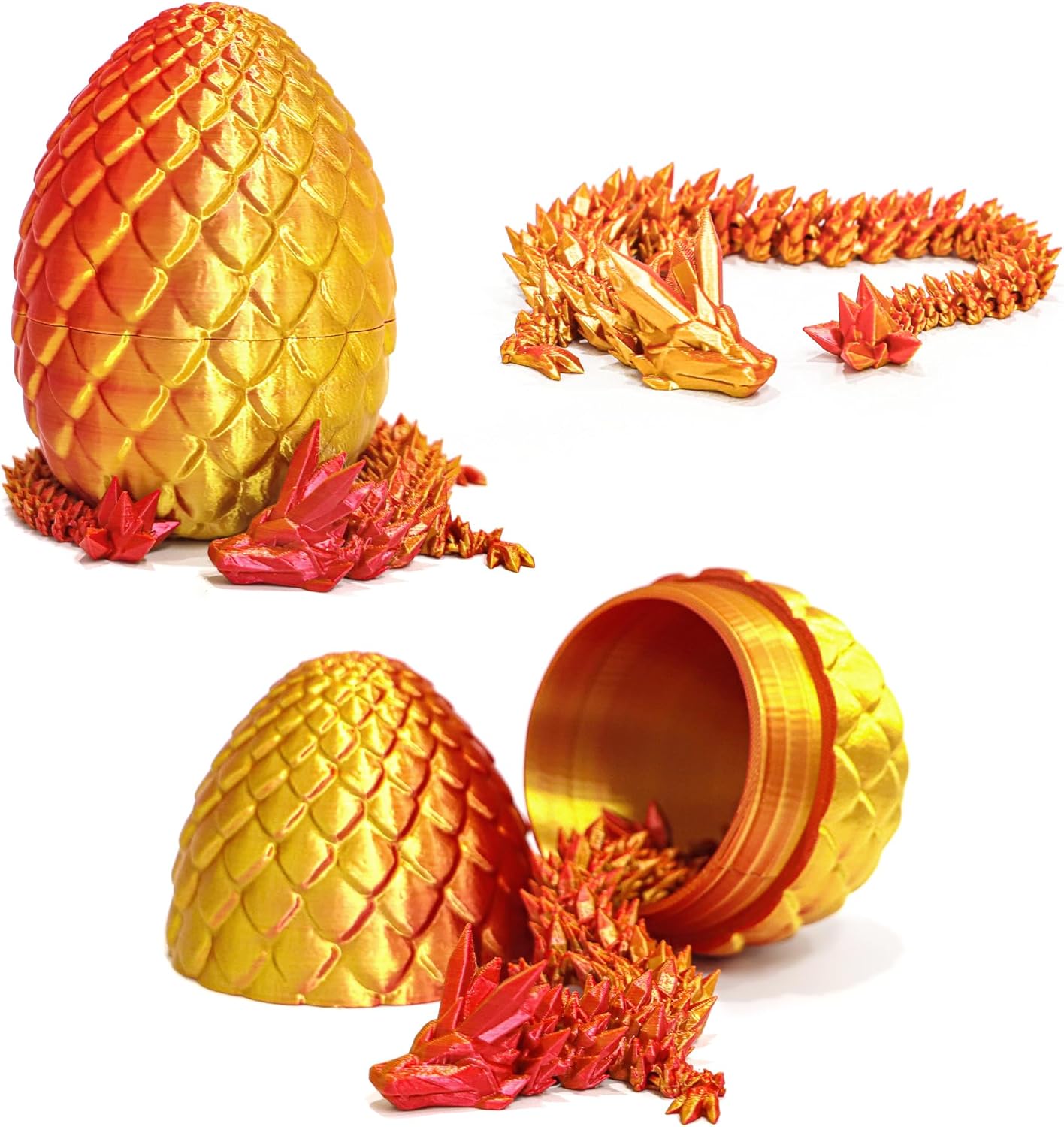 Dragon Egg - 3D Printed Egg with Flexible Pearly Sheen Dragon Inside, 3D Printed Surprise Gift, Articulated Dragon Egg Fidget Toy, Decor (12” Dragon,Red Mix Gold)