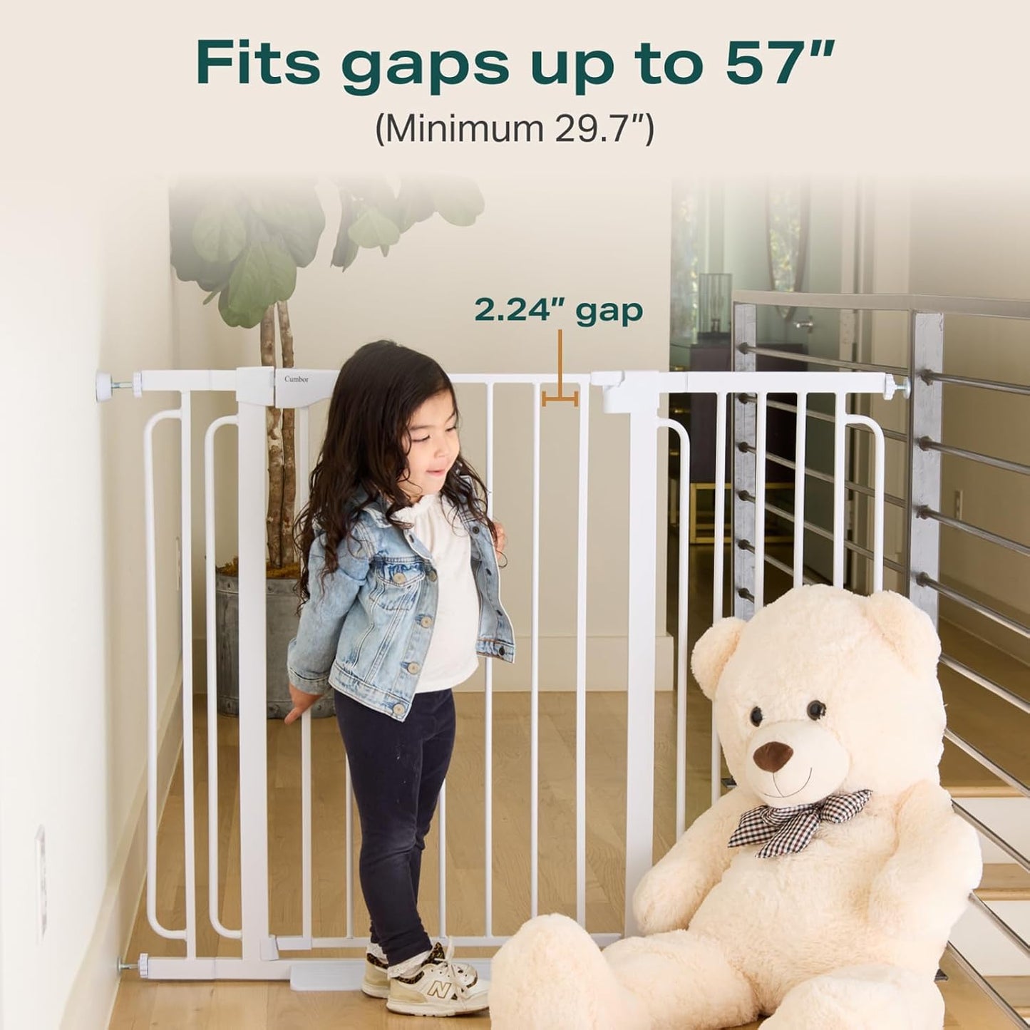 Cumbor 36" Extra Tall Baby Gate for Stairs, 29.7-57" Extra Wide Dog Gate for Doorways Hallways, Pressure Mounted Child Gate for Wide Opening, Auto Close Personal Safety for Babies and Pets, White