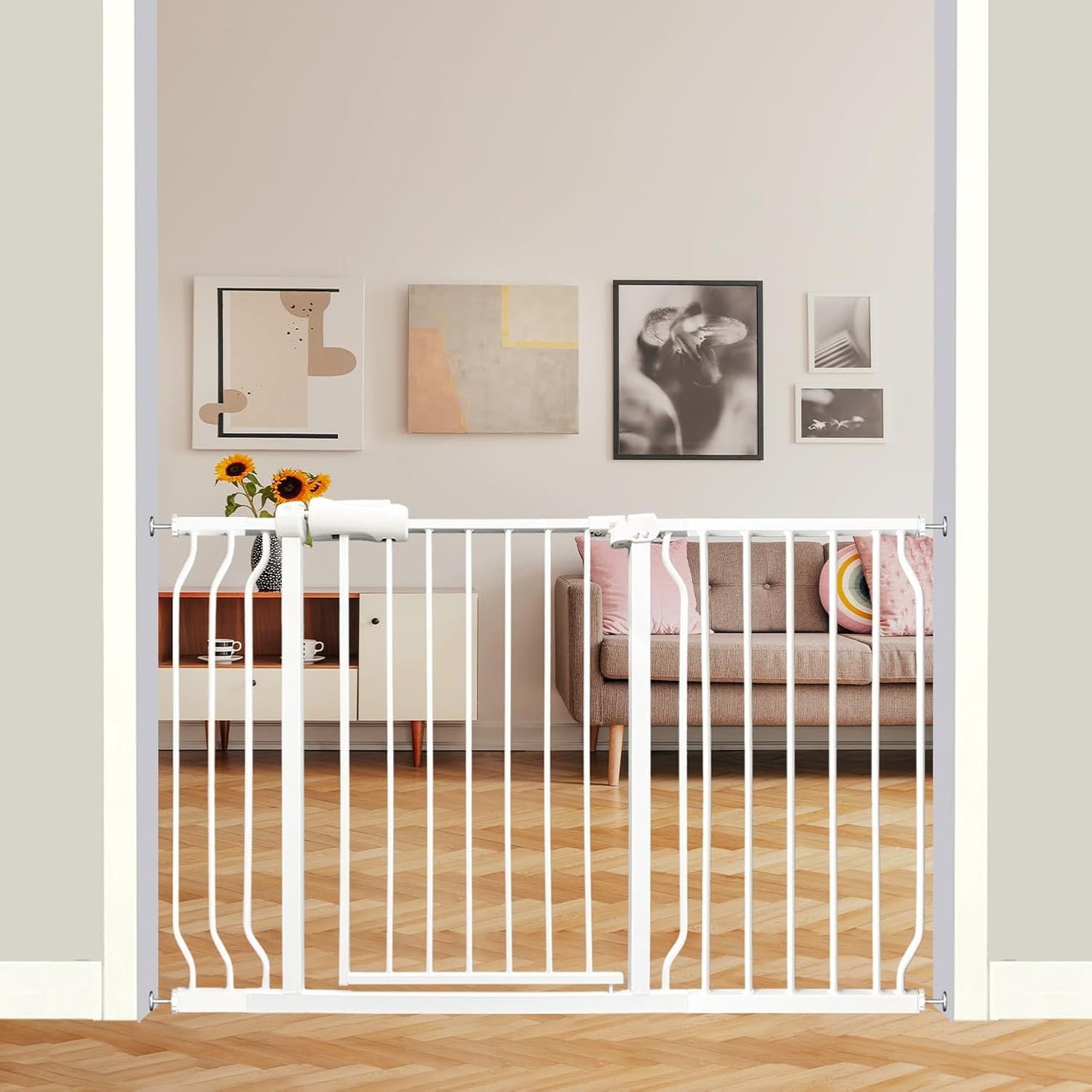 Extra Wide Baby Gate - 48-52.7 Inch Tension Mounted Safety Child & Pet Gate - White Metal - Walk Through - Long - for House Doorways & Stairs