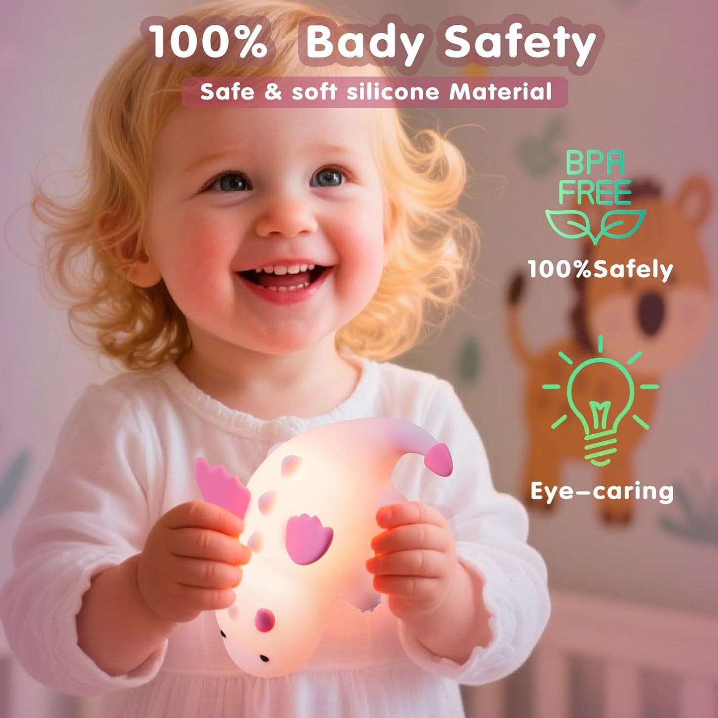 Cute Baby Dragon Kids Night Light for Kids,Cute Soft Silicone Lamp 3 Level Dimmable Changing Rechargeable Breastfeeding Nursery Portable Kawaii Lamps,Bedside Lamp for Baby and Toddler,Boy Girls（Pink）
