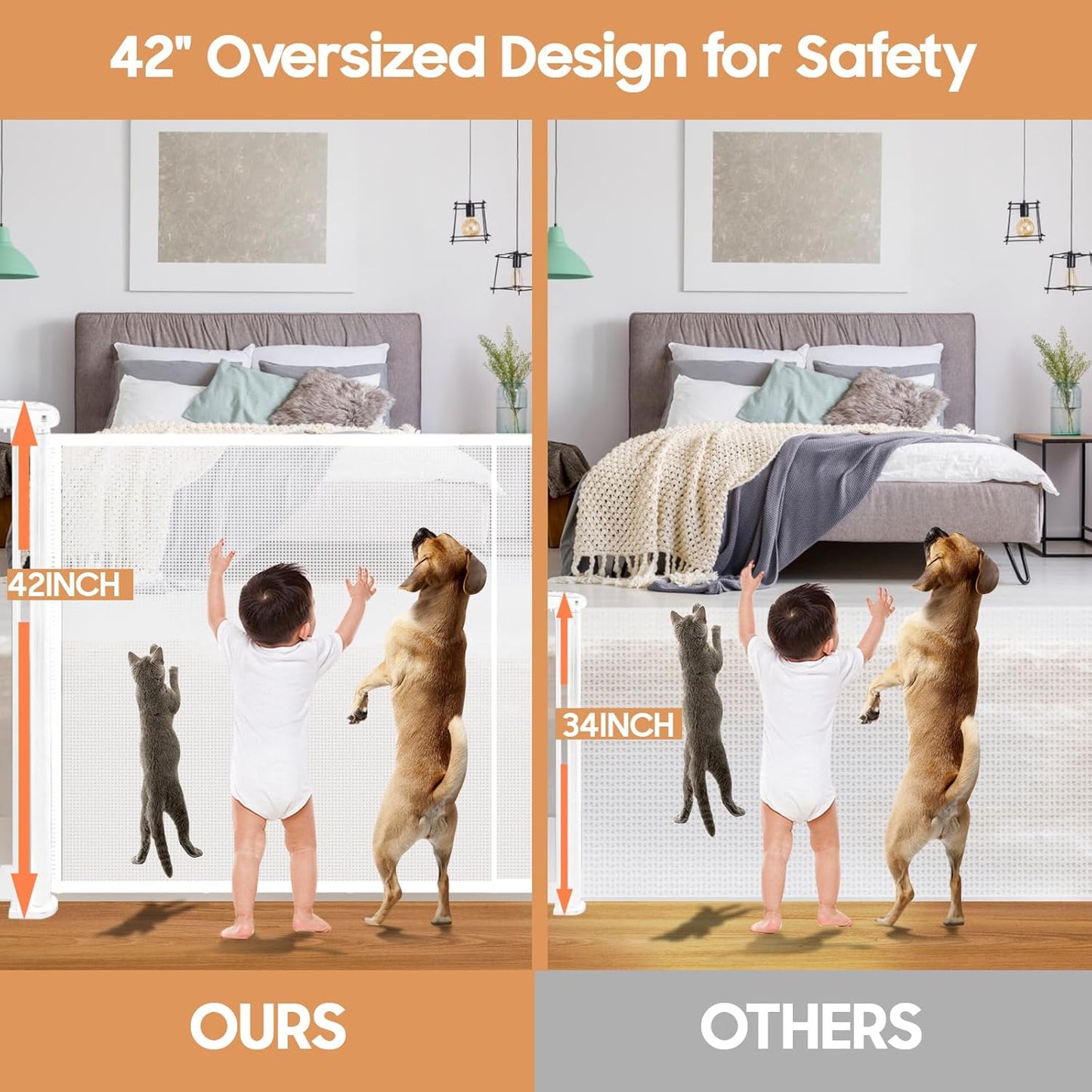 160" Retractable Baby Gates, 42" Extra Tall Upgraded Child Safety Gate with Reinforced Strip Design, Prevent from Crawling Underneath, Extra Wide Dog Gate Baby Gates for Stairs Doorways Indoor Outdoor