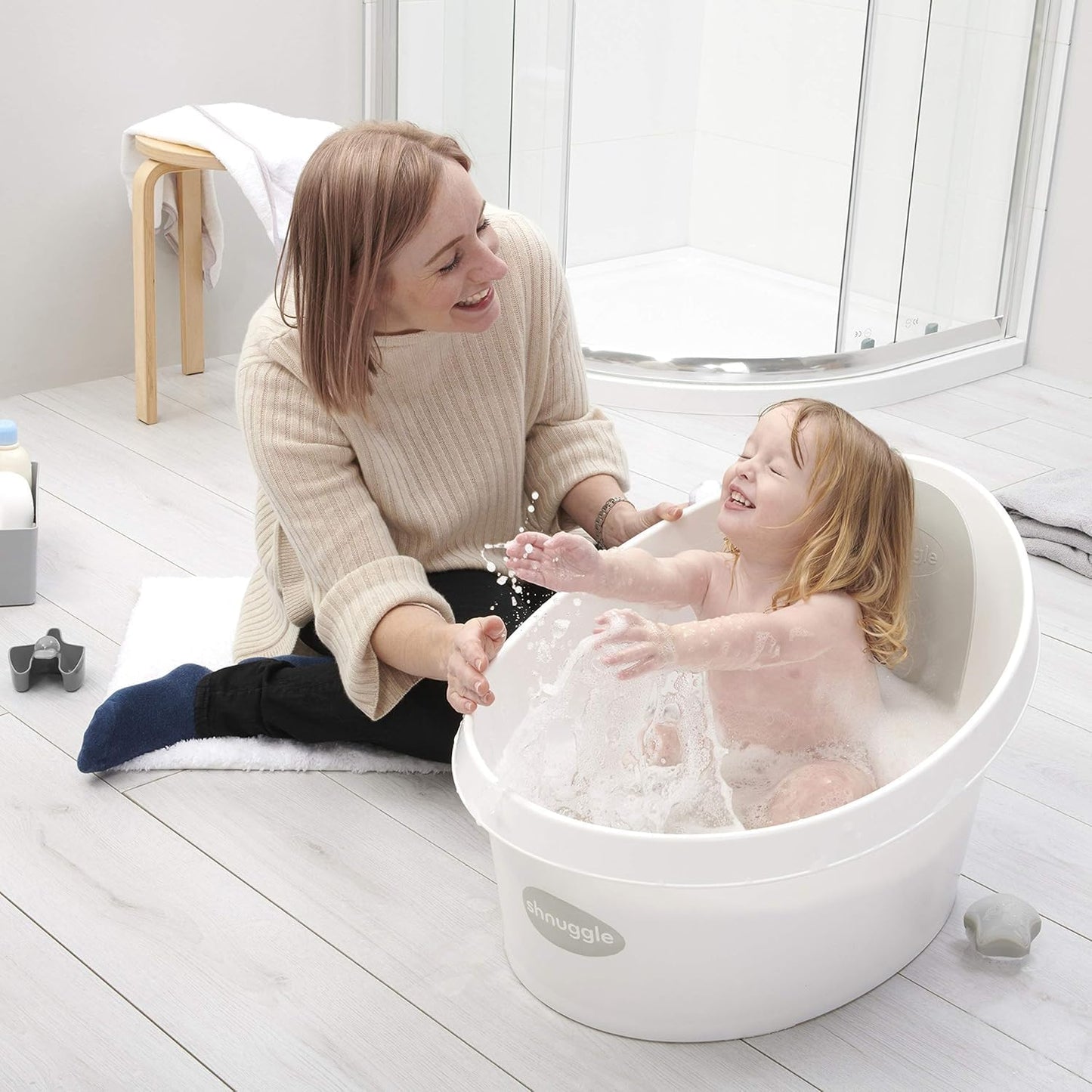 Toddler Bath Tub | Larger Bath for Bigger Kids at Bathtime | Includes Warm and Soft Foam backrest | Grippy Anti-Slip Surface | Includes Easy Drain Bath Plug | White & Grey