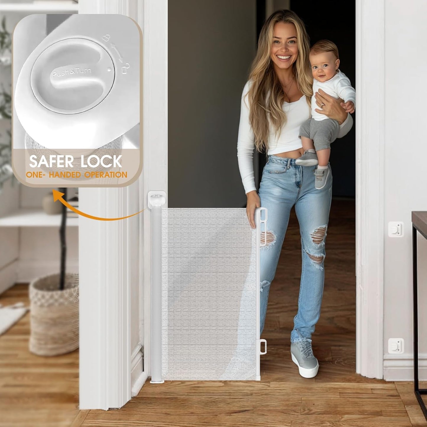 HOMEAL Retractable Baby Gate for Stairs & Doorways, Outdoor Indoor Retractable Mesh Gates for Baby and Pet, Extra Wide Safety Gate for Deck, Porch, Hallways, Patio(Sloth,Width Up to 55")