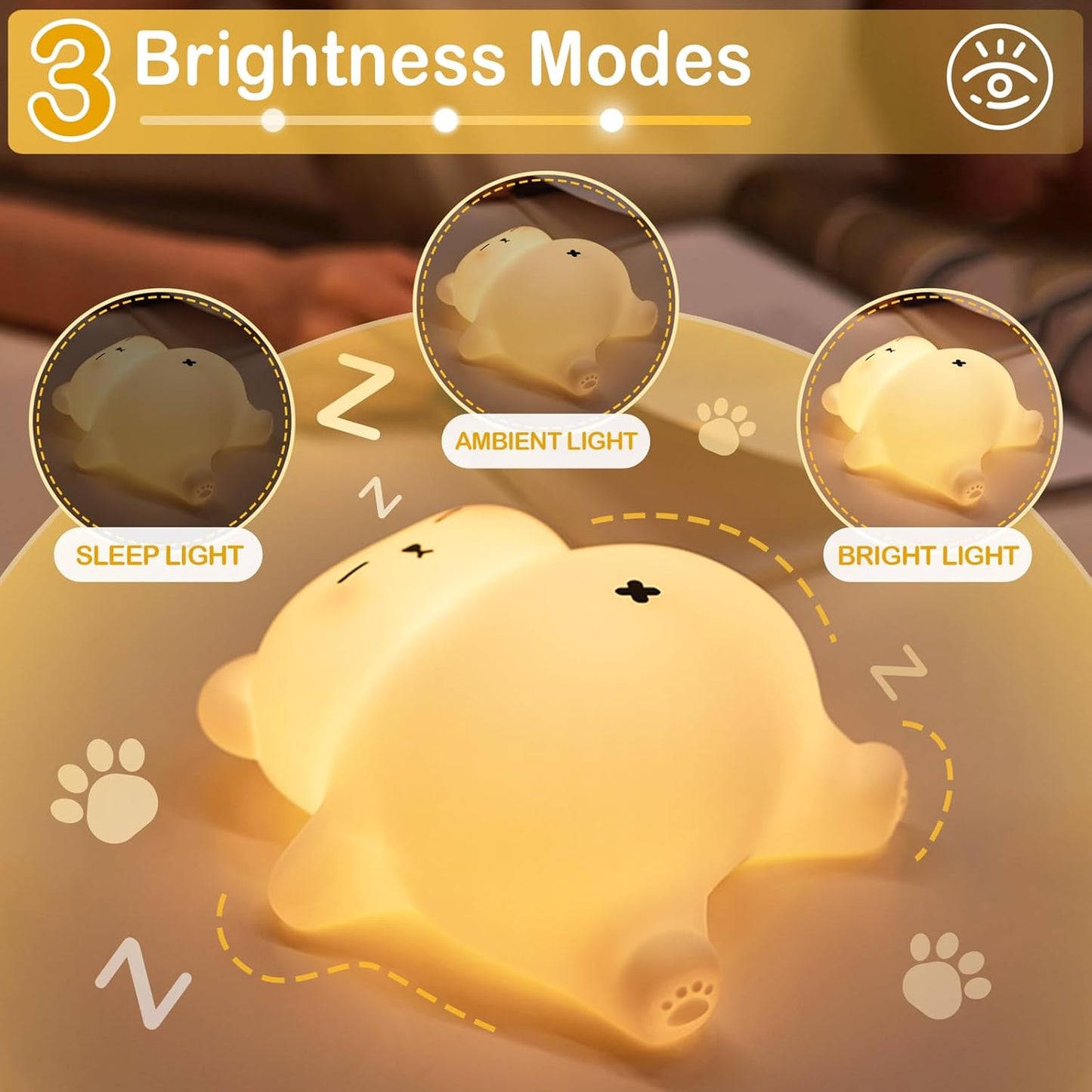 Snoring White Bear Night Light, Rechargeable Squishy Lamp - Silicone Nursery LED Animal Dimmanble Touch Nightlight - Bedroom Cute Funny Birthday Christmas Gifts for Kids, Boy, Girls