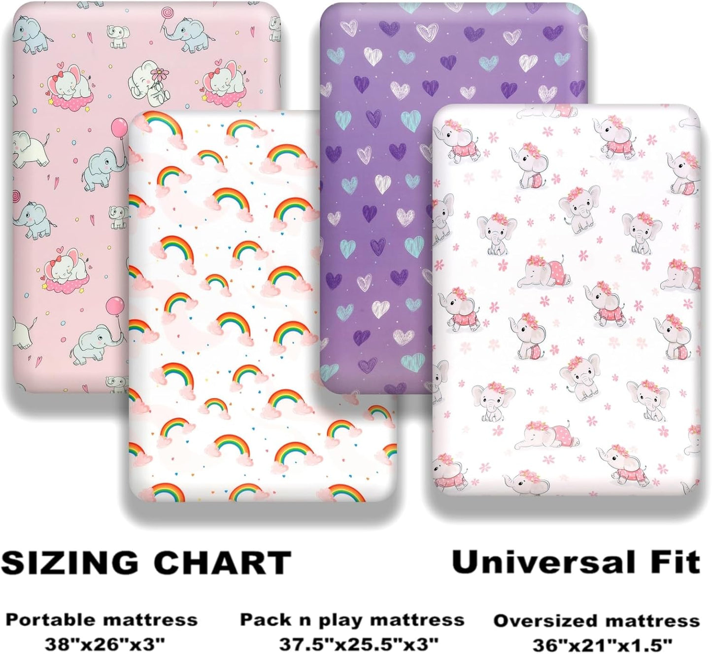 4 Pack Baby Girl Pack N Play Mini Crib Sheets Set Soft Fitted Elephant Theme Baby Girl Mattress Covers Breathable Toddler Bed Sheets for Infant or Newborn(Elephant, Pack N Play Mini Crib Sheets)