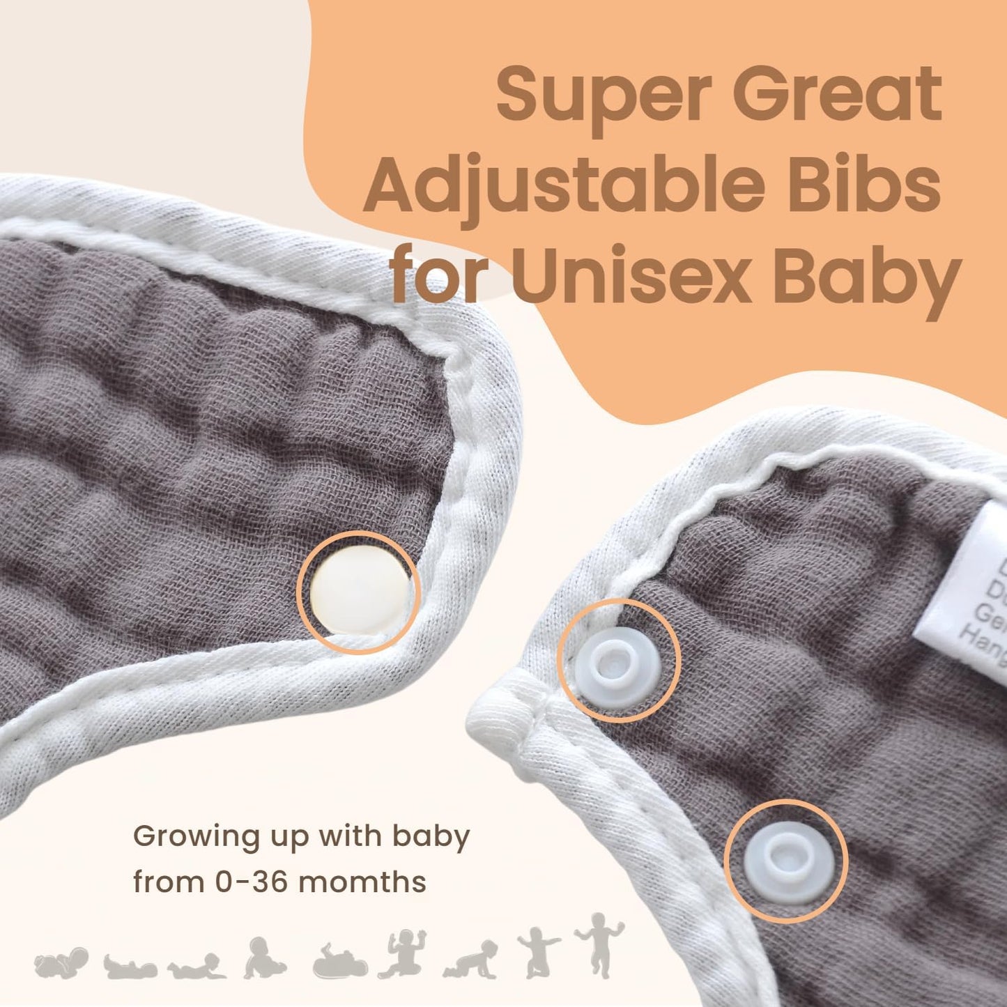 MUKIN Baby Drooling Towel, Snap Bibs, Muslin Bibs, 6 Pack, Adjustable, Soft Cotton