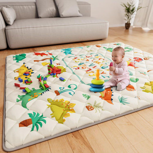 Baby Play Mat 71" X 59" Playpen Mat Upgraded Thicken Baby Floor Play Mat Non-Slip Cushioned Crawling Mat Waterproof Activity Playmats for Babies Toddlers Infants (71X59, Letter Dino)