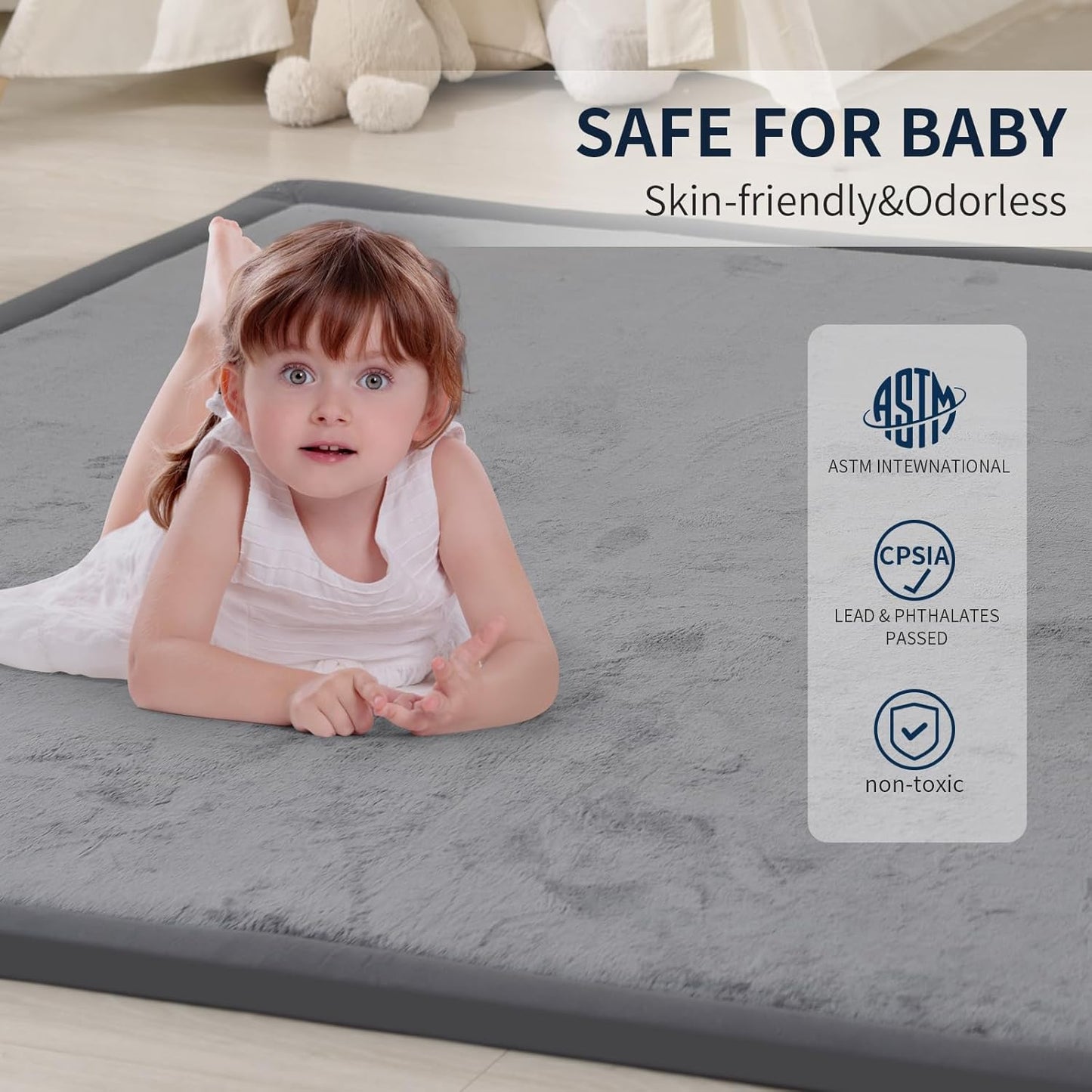 ACOMOPACK Baby Play Mat for Floor 1.3" Thick Memory Foam Play Mat 79"×118" Tummy Time Crawling with Non-Slip Bottom for Living Room,Nursery,Soft Velvet Playpen Mats for Kids,Infants（Dark Grey）
