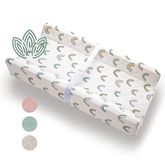 Organic Cotton Contoured Baby Changing Pad w/Waterproof Foam Mattress, Includes Soft, Removable & Washable Cover, Safety Strap, Non-Slip Bottom, Topper for Standard Size Infant Diaper Table & Dresser