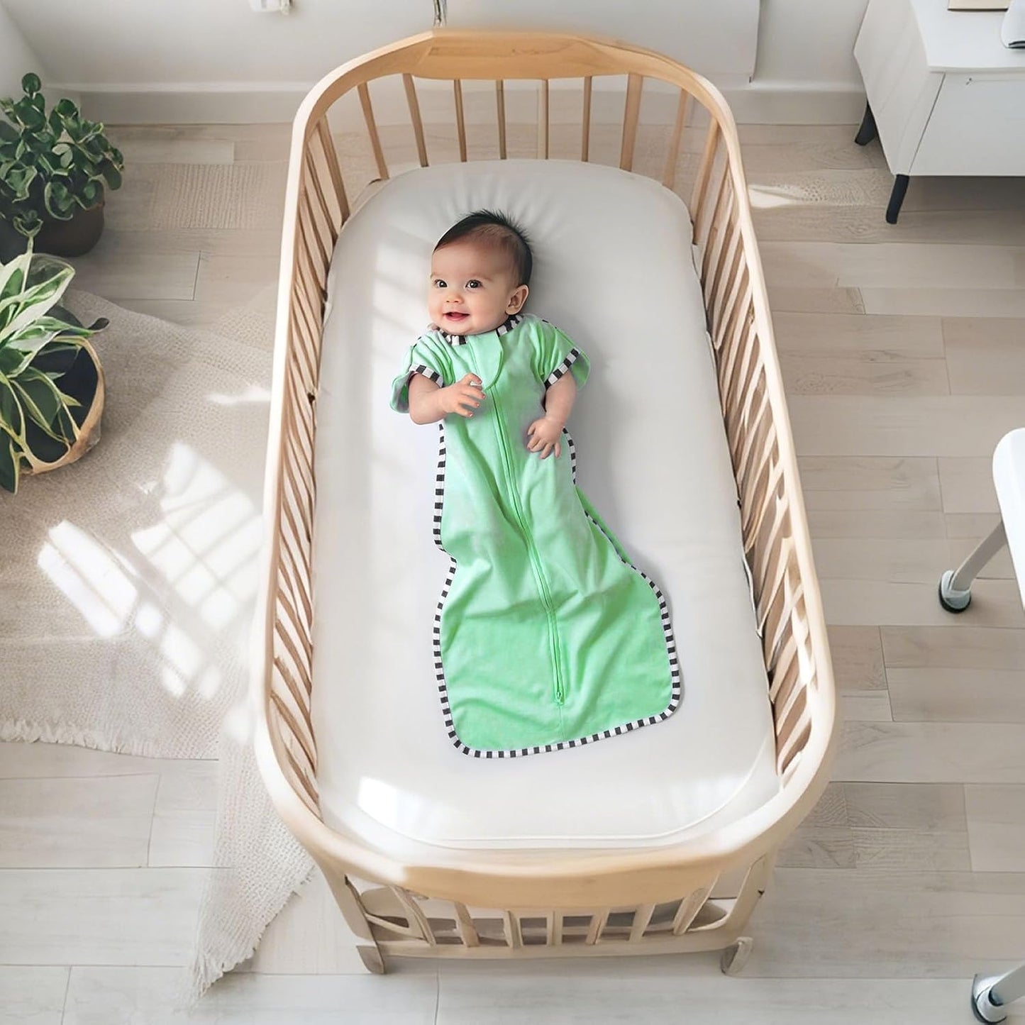 Transition Swaddle, 2 Pack 100% Cotton Baby Sleep Sack, 2-Way Zipper Infant Arm Up Swaddle for Newborn Baby Boys Girls (Green + Grey, M(3-6 Months))