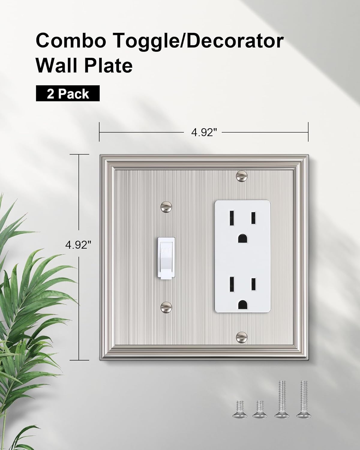 2-Pack Combo Toggle/Decorator Light Switch Cover Plate, Brushed Nickel Decorative Electrical Outlet Covers, Durable Solid Zinc Alloy Wall Switch Plates and Outlet Covers