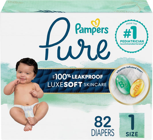 Pampers Pure Protection Baby Diapers, Size 1 (8-14 lbs), 82 Count, Up to 100% Leakproof, Premium Plant-based Skin Protection, Hypoallergenic Soft Diapers