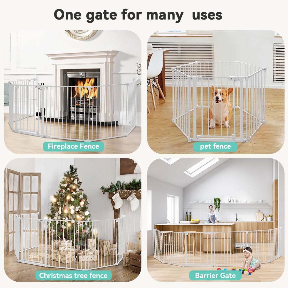 COMOMY 150" Extra Wide Baby Gate With Door - Auto Close Fence Play Area for House Doorways, Fireplace - Walk Through Pet Gate, Hardware Mounted, 6-Panels (30" Tall, White)