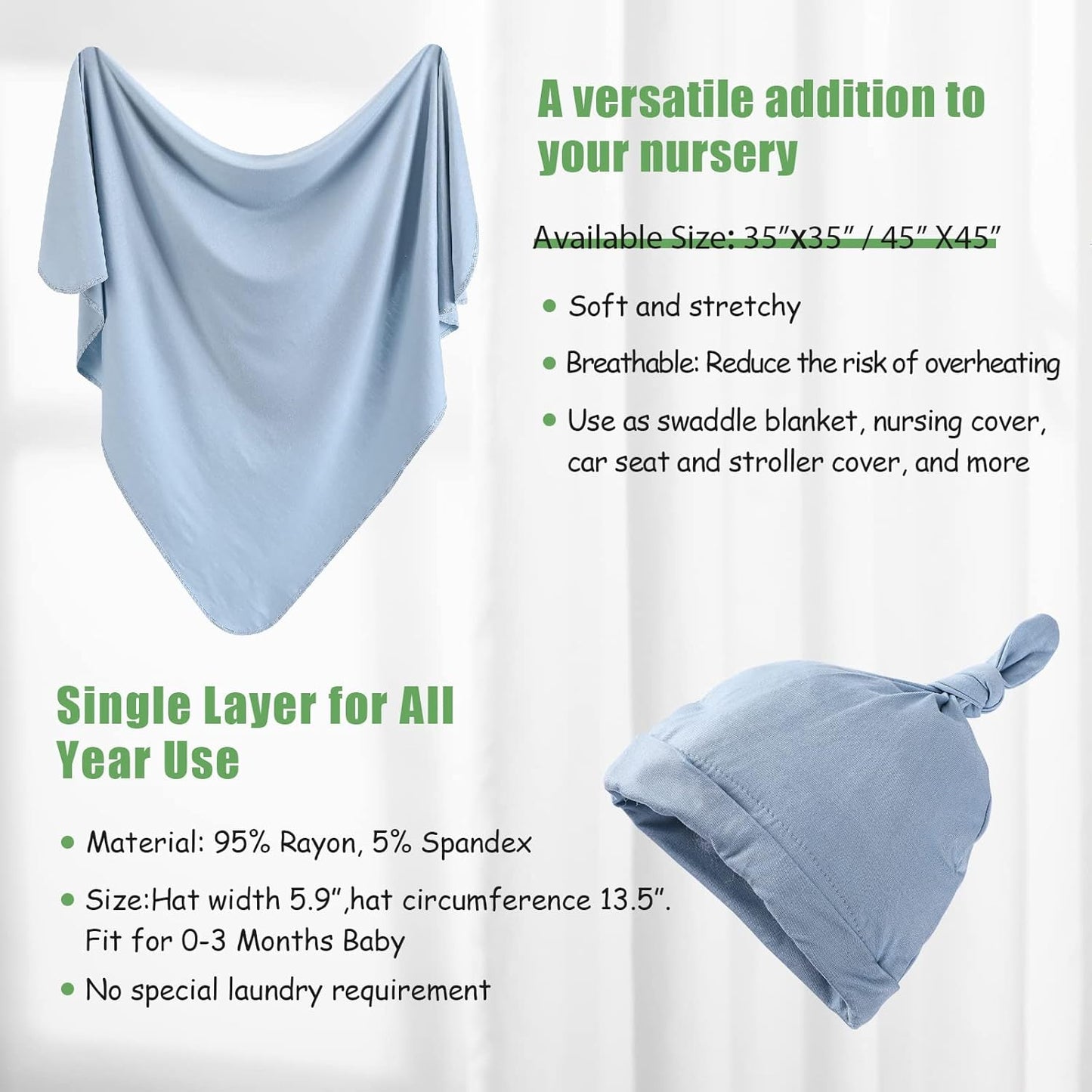 iEvolve Cotton Knitted Baby Swaddle Blanket with Hat Headband Set Newborn Swaddle Wrap Receiving Blankets for Baby Girl Boy 45" x 45"(Lightblue)