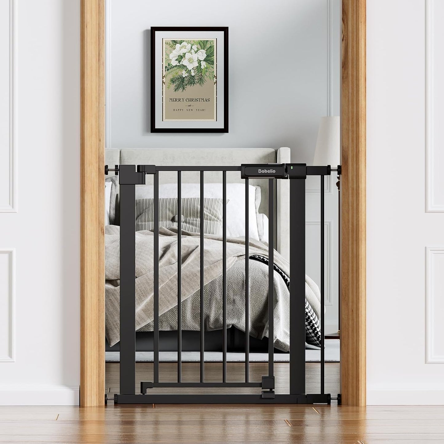 BABELIO Baby Gate for Doorways and Stairs, 26-31" Pet Gate with Wide Walk Thru Door and Lock Indicator, No Drill Pressure Mounted Safety Gate with Double Lock and Self-Closing, Black