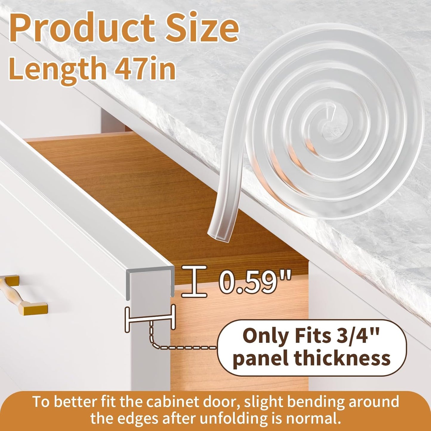 Cabinet Protectors for Kitchen Cabinets, Cabinet Door Edge Protector PVC Edge Guard Drawer Protector Prevent Wear, Chipping, Discoloration, Bumpers Clear, 3/4" Thick, 47'' Length