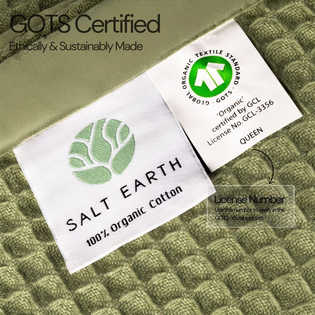 Salt Earth GOTS Certified 100% Organic Cotton Throw Blanket, 60" X 80" Blankets & Throws for Bed, Throw Blanket for Couch,Modern & Cozy Blanket, All Seasons, Waffle Blanket, Soft Blanket (Mosstone)